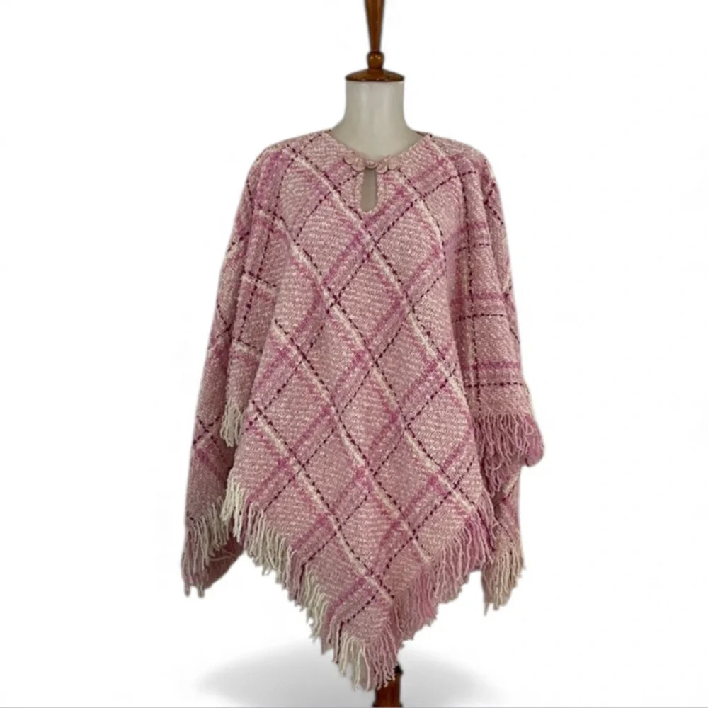 Boyne‎ Valley Weavers Pink Plaid Women's Sweater Poncho Wool Mic Made in Ireland